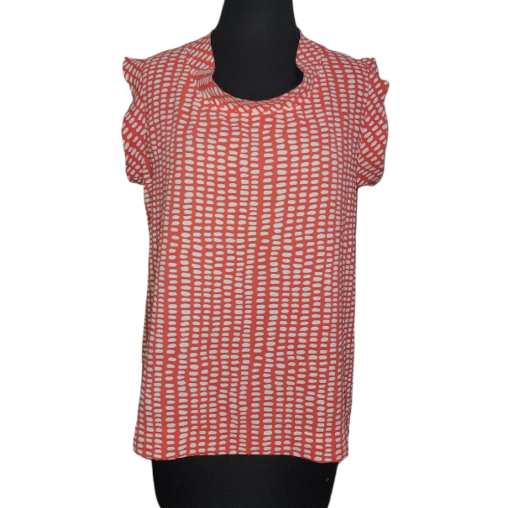 CAbi Madeline top small orange white polka dot cowl neck  short sleeve